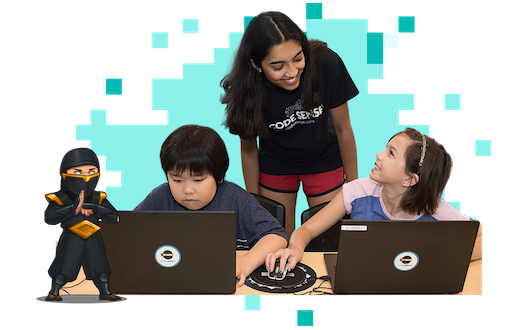 Partners scene: teacher teaching coding to 2 students