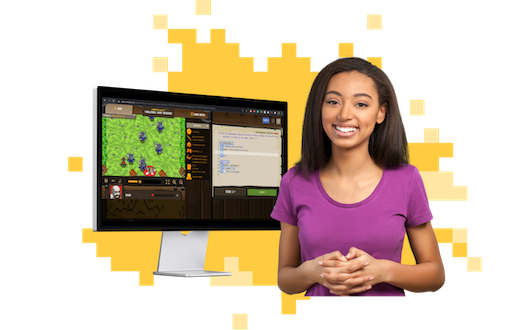 Online classes scene: girl playing CodeCombat on video call with her teacher